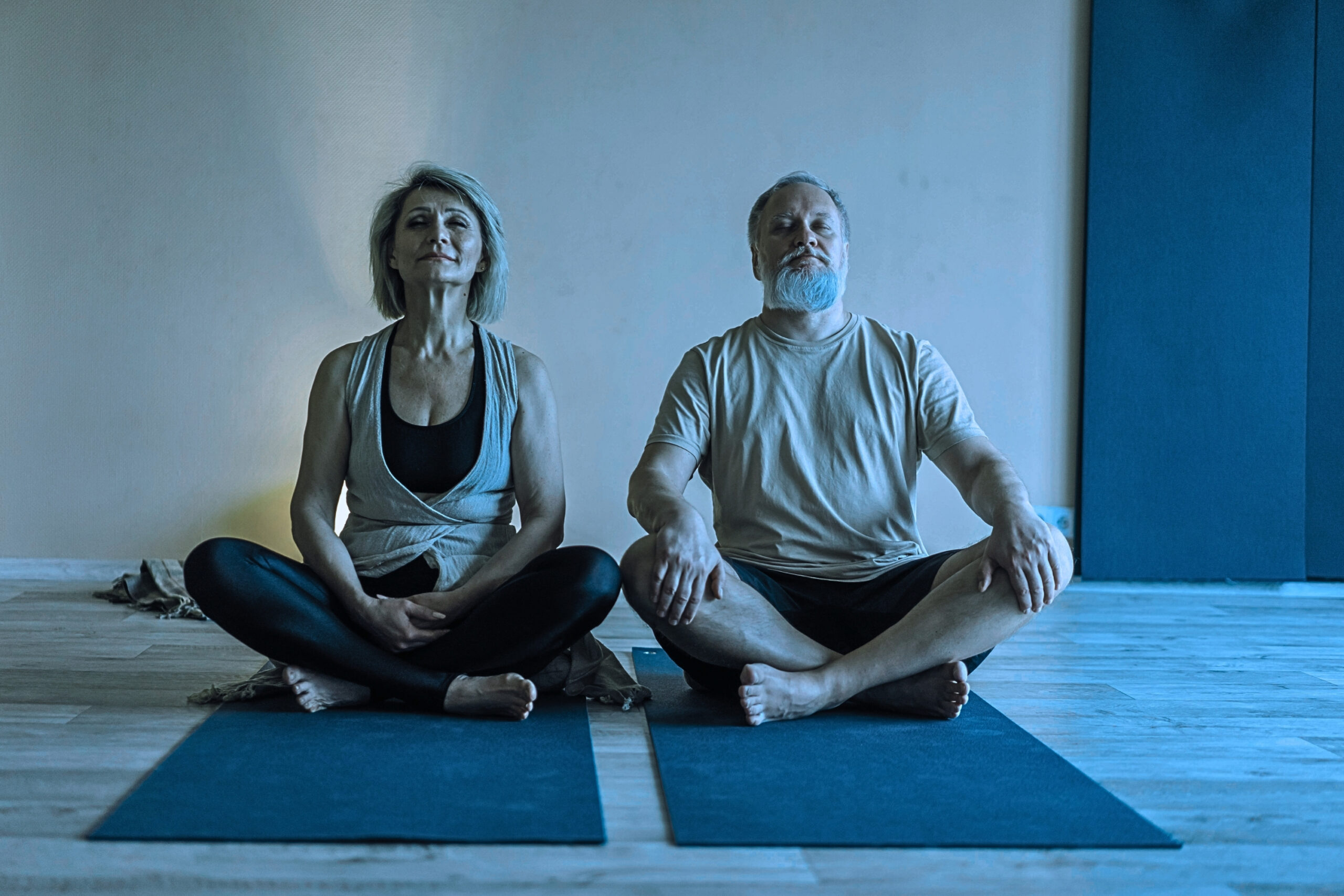 Elderly Man and Woman Doing Yoga Together